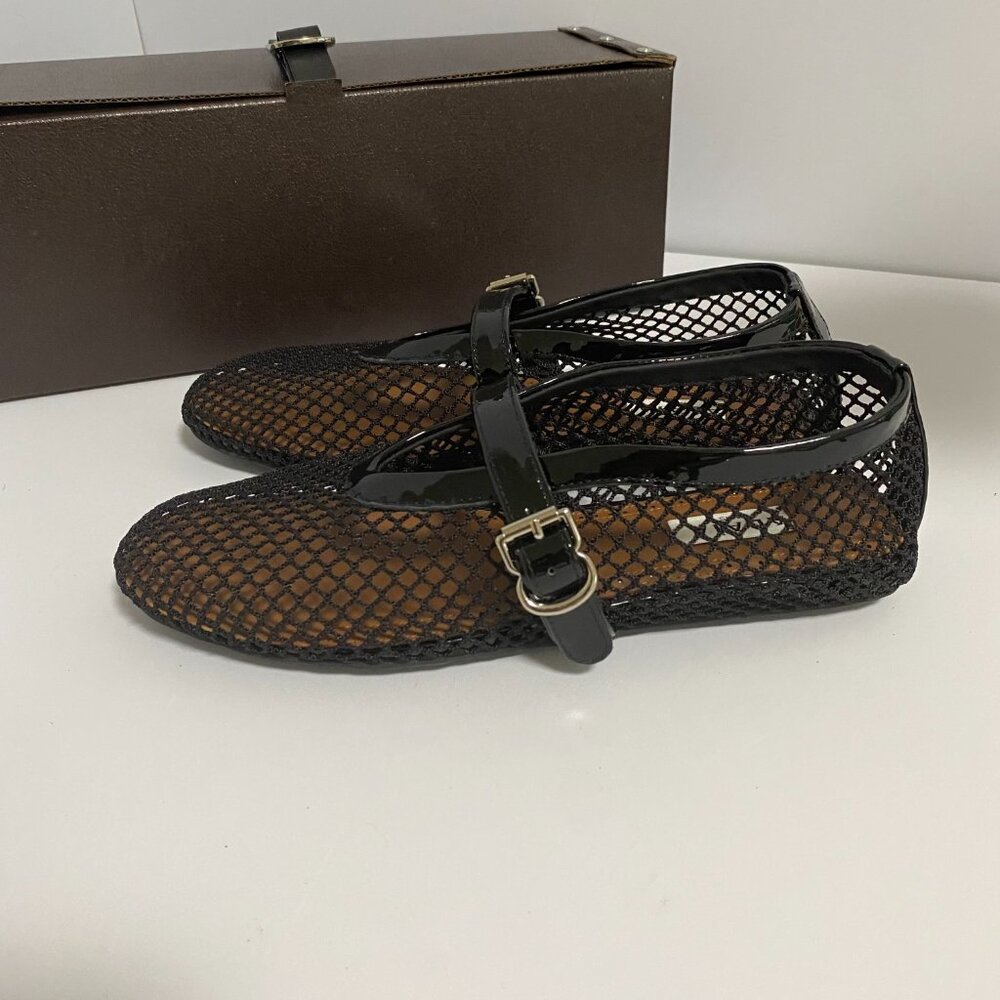 Black and Silver Flats with Mesh Design and Ankle Strap - Picture 4 of 8